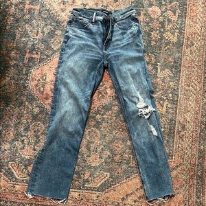 Express Blue Straight Leg Jeans with Authentic Distressing